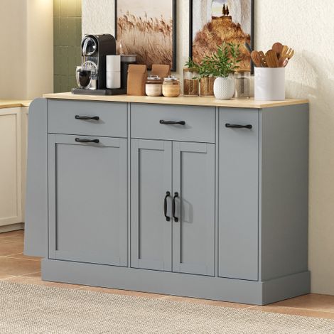 Buffet moderne à tiroirs multiples — Meuble de rangement pratique avec compartiment intégré pour poubelle et porte-épices extérieur — Pour salles à manger, salons et cuisines (Gris)