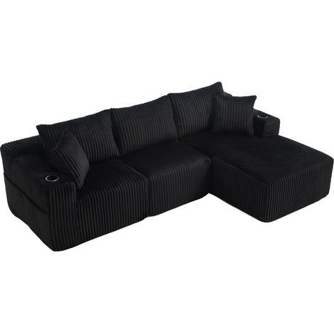 ELVMI Sofá modular con chaise longue y 2 plazas, 5 cojines, bolsillos laterales y portavasos, en pana, negro (1/5)