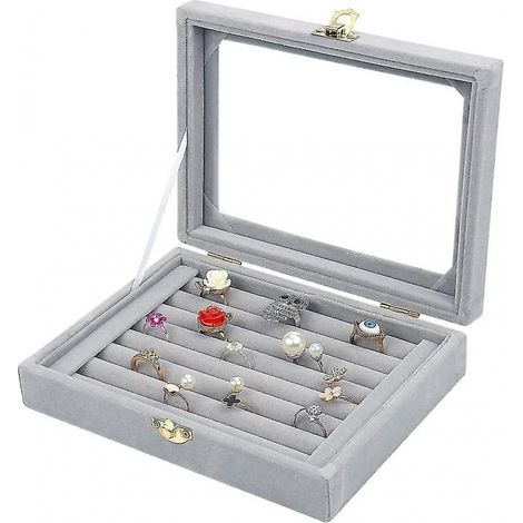 BEBUSINGOTO Caja de terciopelo para exhibir joyas, guardar anillos y pendientes (gris) (1/5)