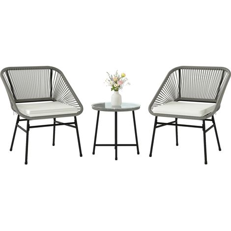 Salon de jardin extérieur 3 pièces gris foncé, avec 1 table, 2 chaises en rotin tressé, structure acier et table basse à plateau en verre (1/5)