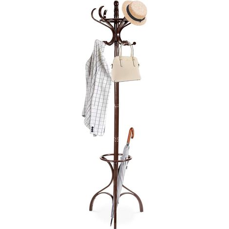 GOPLUS Porte-Manteau sur 3 Pieds avec Support Parapluie, 2 Niveaux et 12 Crochets, 3 Coulours, Support Manteau Perroquet en Bois Courbe, Hauteur de 182CM, pour Entrée, Salon et Bureau (Marron) (1/5)