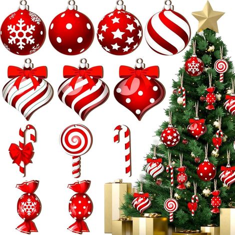 Lot 24 boules Noël bois plat rouge blanc - Sapin (1/5)