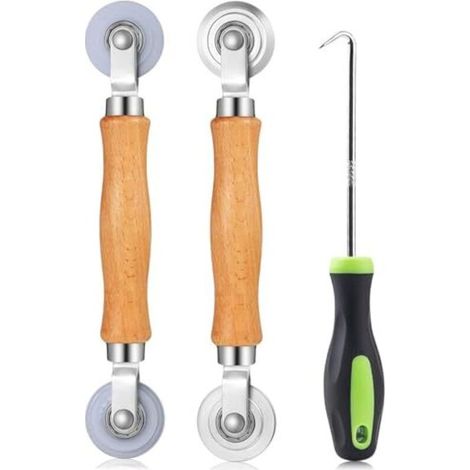 Rouleau à moustiquaire 3 pièces en acier avec poignée en bois – Outil de pose et remplacement pour écrans de fenêtres et portes