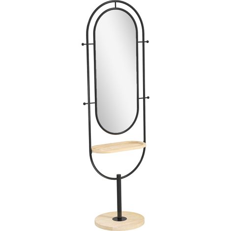 Miroir étagère design H.175 cm métal LUCIEN noir et bois (1/5)