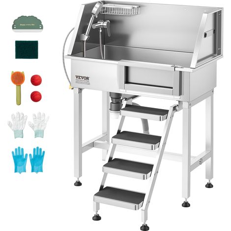 VEVOR Stazione di Lavaggio per Cani da 86,4 cm, Vasca da Bagno Toelettatura Animali in Acciaio Inox Porta a Destra, con Doccia Rubinetto Portasapone Scaletta Antiscivolo per Piccoli Animali Domestici (1/5)