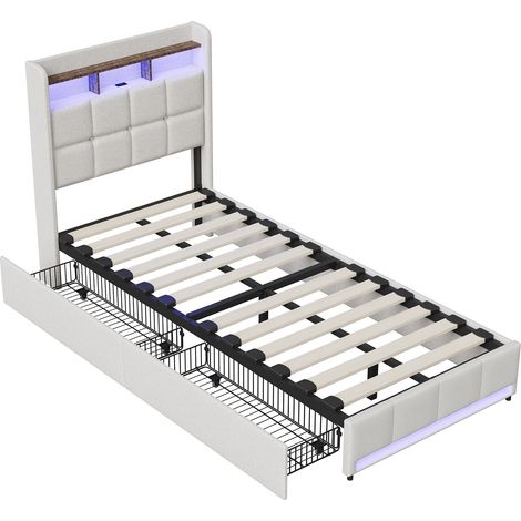 Lit 90x200 cm, avec quatre tiroirs, éclairage LED réglable, 2 USB et 1 fonction de charge tpcy-c, lin, convient aux adultes et aux adolescents, Beige