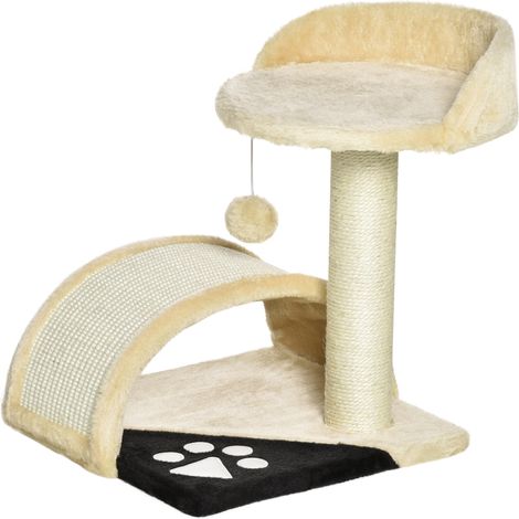 Petit arbre à chat beige 46cm compact avec grotte et balle, adapté chat jusqu’à 4kg