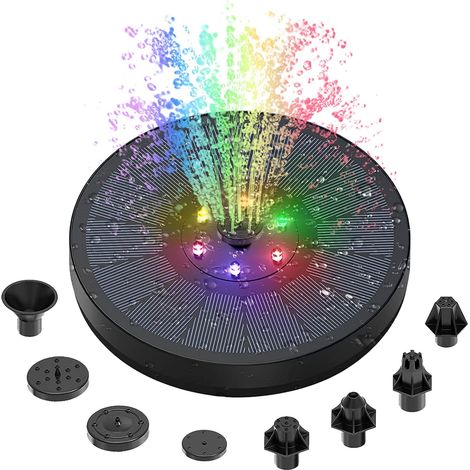 Solar Fountain Pump, 3W Circular Solar Water Fountain with 8 Nozzle Styles and 7 Colorful LED Lights, Floating Solar Powered Pond Pump for Birdbath/Aquarium (1/5)
