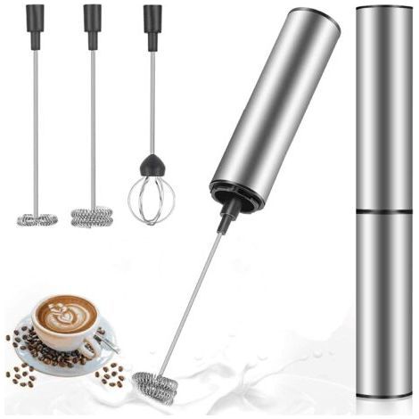 Espumador de Leche Eléctrico, Espumador de Leche Recargable USB y Mini Batidor con Cabezal de Doble Batidor, Mezclador de Acero Inoxidable para Café, Crema, Cappuccino, Latte, Cócteles y Jugos (1/5)