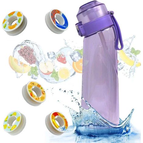 Bouteille de sport 650 ml avec 5 dosettes aromatisées, gourde à fruits parfumée, sans BPA et 0% sucre, gobelet d'hydratation transparent violet avec 5 anneaux, lot complet. (1/5)