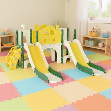5-In-1 Kinderrutsche, Rutschenset mit Doppelrutsche, Durchgang, Treppe, Klettergerüst und Teleskop, Multifunktional Freistehende Rutsche, für Kleinkinder Indoor und Outdoor, Gelb (1/5)