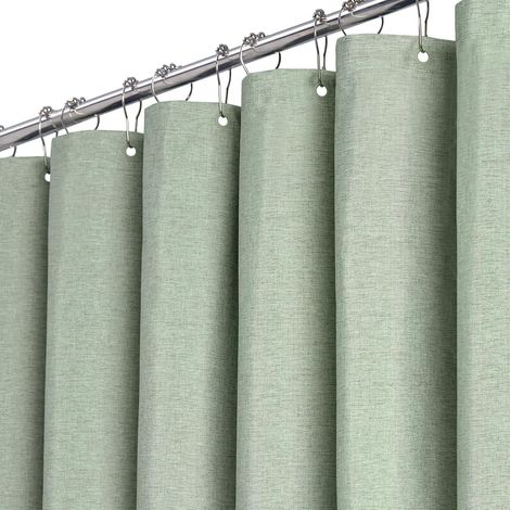 Rideau de Douche Tissu Vert 180x200cm, Texture Lin Anti-Moisissure Lavable Textile Rideau de Douche avec 12 Crochets, Moderne Hydrofuge Ourlet lesté Décoration Rideaux de Douche en Polyester pour (1/5)