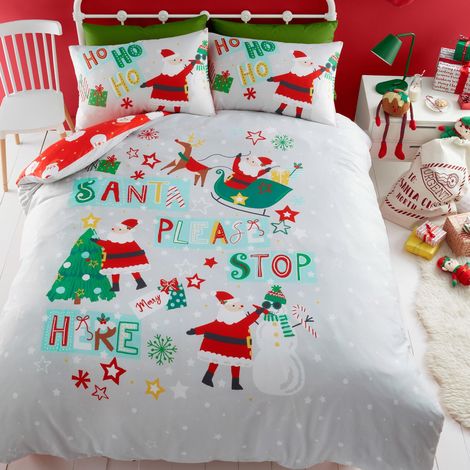 Housse de Couette Motif Père Noël « Please Stop Here » Lit Double (200 x 200 cm) Réversible (2 Motifs) 2 taies d'oreiller incluses Parure de lit Père Noël, Bonhomme de Neige et Sapin (1/5)