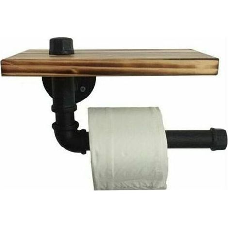 Porte-rouleau en papier toilette design rétro, métal, tube, étagère, ensemble de rangement avec plateau en bois noir Crezuo (1/3)