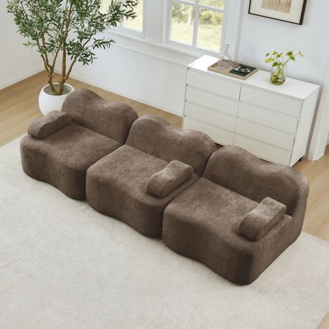 Canapé modulable 3 places sans structure, en mousse haute densité 32D, forme ondulée avec assise profonde, coussins d'accoudoirs amovibles, idéal pour le salon, marronWL