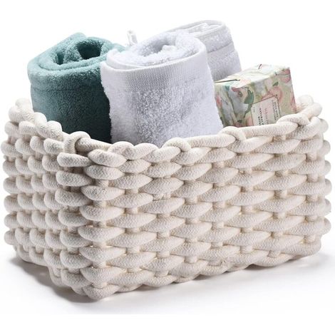 Panier de rangement en coton - 25 x 17 x 13 cm - Blanc - Rangement salle de bain - Convient pour table à langer - Panier - Rangement pour papier toilette - Panier de rangement tressé (1/4)