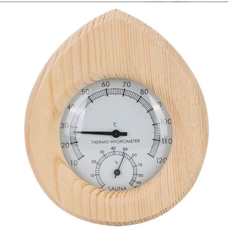 Accessori per sauna: termometro e igrometro in legno per bagni di vapore secco tavolino espositivo in legno massello a forma di goccia.