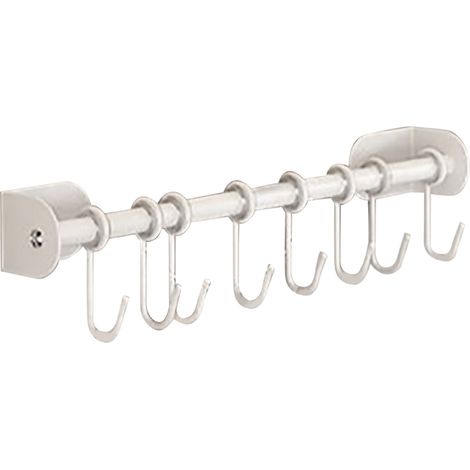 Porte-ustensiles de cuisine en acier inoxydable 201, barre murale adhésive de 40 cm avec 8 crochets pour ranger spatules, cuillères, casseroles et poêles - Blanc, modèle simple (1/5)