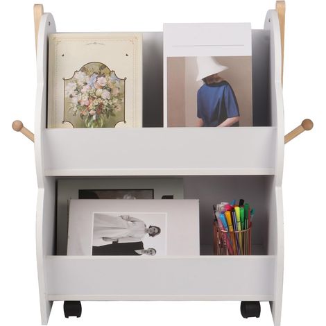 Bibliothèque Enfants en Bois avec Forme d‘Arbre, Étagère de Rangement Jouets avec 4 Roues Universelles, Organisateur à 2 Niveaux pour Livres Jouets, 3 Ans+, 50  54  61cm Blanc (1 pièce) (1/5)