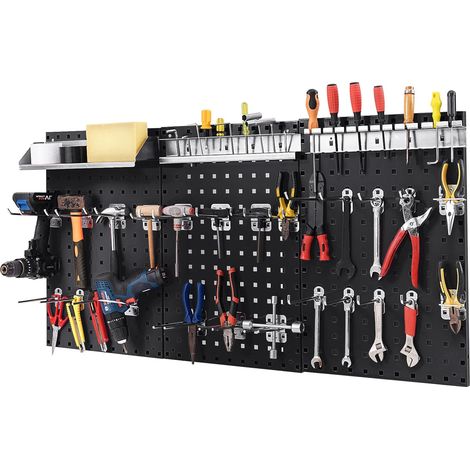 COSTWAY Kit 3 Pannelli Porta Attrezzi da Parete 60 x 40 cm, Pannello Forato Portaoggetti con 24 Ganci e Supporti, Pannello Portautensili per Officina e Garage (Nero)