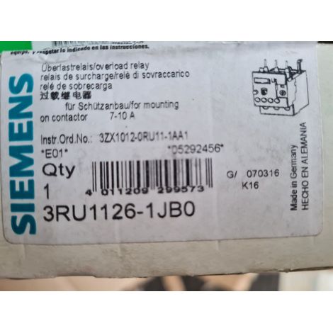 Relais de Surcharge : 7 - 10A Siemens 3RU1126-1JB0 OVERLOAD RELAY