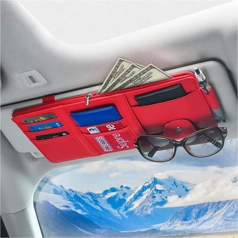 Organisateur de Pare-Soleil de Voiture, Pochette Rangement en Cuir avec Fermeture éClair pour Cartes, Permis de Conduire, Stylos, Lunettes, Documents, Voiture Accessoires Interieur (Rouge)