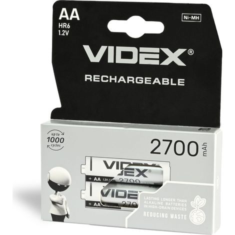 Set di 2 batterie AA al nichel-metallo idruro Videx da 1,2 V 2700 mAh HR6