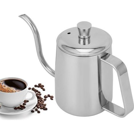 Bollitore da caffè in acciaio inox, con beccuccio lungo e sottile e coperchio, 350 ml, colore argento, per la preparazione manuale del caffè a casa. (1/5)