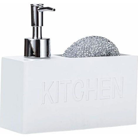 1 Distributeur de savon, résine, porte-éponge intégré, design compact, cuisine et salle de bain, blanc (1/5)