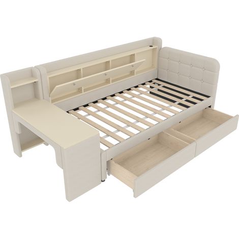 Lit de jour 90200cm, canapé-lit, avec 2 tiroirs, bureau, USB + Type C, compartiment de rangement à abattant, niche de rangement, lit avec sommier à lattes (sans matelas), lin, beige (1/5)