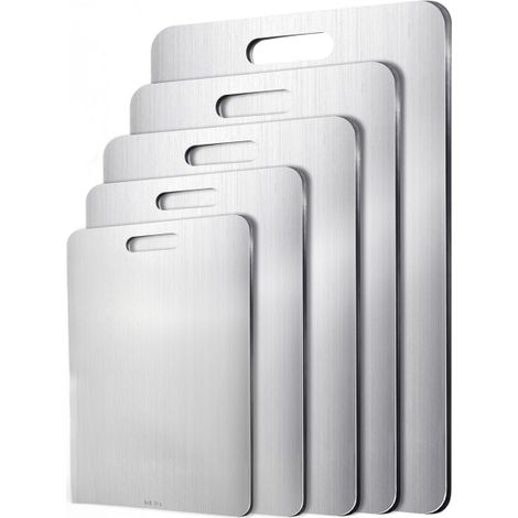5-teiliges Schneidebrett-Set aus Edelstahl (316) – Antibakterielles Edelstahl-Küchenbrett, doppelseitiges Titan-Schneidebrett, BPA-frei, ideal für Fleisch, Obst, Gemüse und Brot