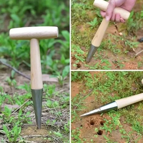Semoir manuel à manche en bois pour semer, repiquer, planter des bulbes, creuser et jardiner. Outil de jardinage. (1/5)