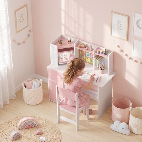 Bureau Enfant avec Chaise, Table d'Étude, Support de Tablette Réglable, Porte-Stylos, Panneau en Liège, 5-12 ans, Rose (1/5)