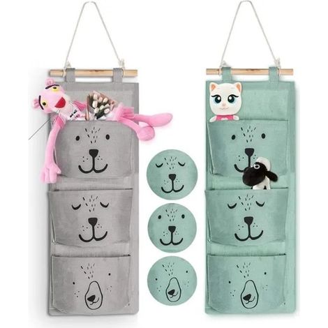 Sac de Rangement Suspendu en Tissu de Lin,Poches Organisateur Mural,2 Pockets Stockage Sac D'entreposage,Support de poche,Cyan+Grey (1/4)