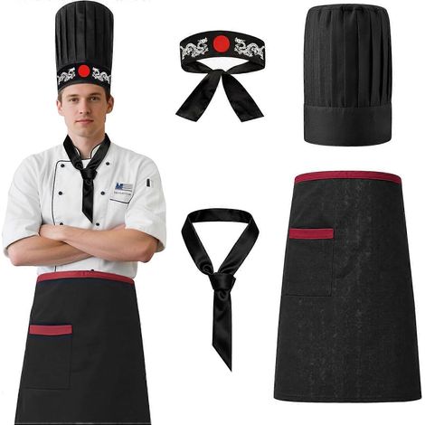 Ensemble de chef Hibachi 4 pièces (chapeau tablier bandeau cravate) style japonais pour hommes et femmes barbecue (1/5)