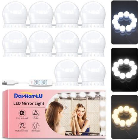 Kit Lumière Miroir LED - 10 Ampoules - Style Hollywood - 3 Couleurs USB - Pour Coiffeuse Maquillage (1/5)