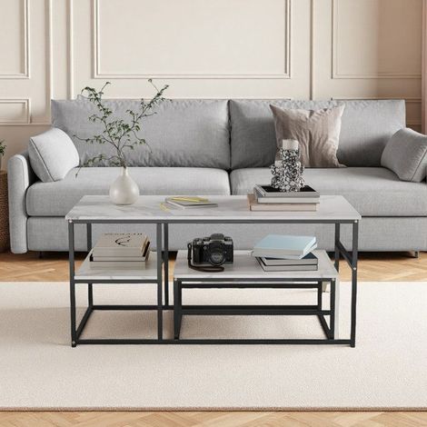 Couchtisch - Weißer Marmor - Mutter-Tochter Beistelltisch - Modernes Design - 105x52x48.5cm (1/5)