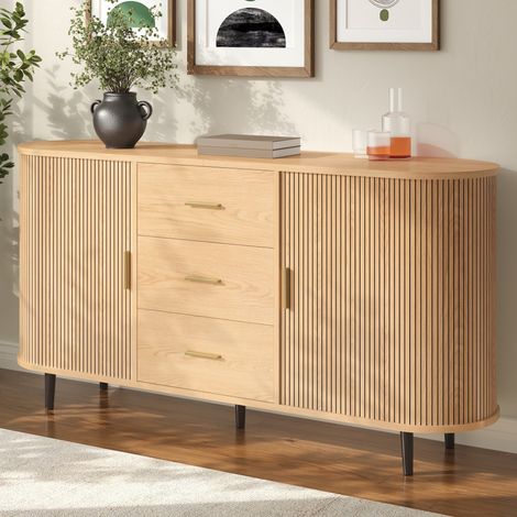 Buffet design cannelé 160 cm, 3 tiroirs, portes coulissantes, meuble de rangement entrée/cuisine Natural (1/5)