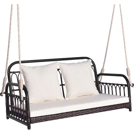 2-Person Patio Wicker Swing Chair Hanging Outdoor Swing Bench w/Cushions (1/5)