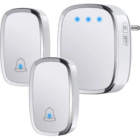 Sonnette sans Fil Extérieur Étanche IP44, Sonnette de Porte 300 Mètres, Kit de Carillon avec LED Flash, 2 Émetteurs et 1 Récepteur, 5 Niveaux de Volume, 36 Mélodies (1/5)