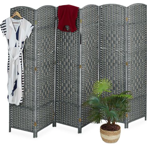 Relaxdays Paravent Raumteiler, HxB: 170 x 240 cm, faltbarer Raumtrenner, 6-teiliger Sichtschutz, Holz & Papierseil, grau