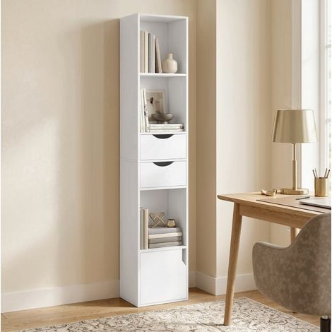 Bibliothèque étroite 30x24x158 cm avec 2 tiroirs, 3 niveaux réglables, rangement gain de place, MDF blanc (1/5)