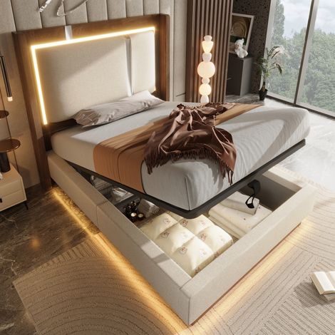 Lit ado 90 x 200 cm, lit coffre rembourré avec LED, rangement hydraulique, sommier à lattes, tissu lin beige et effet noyer, sans matelas (1/5)