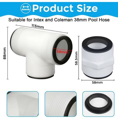 LALAGO Lot de 2 raccords de piscine 38 mm 2 et 3 voies - Adaptateur de tuyau de piscine avec 5 joints noirs - Raccord de tuyau en PVC - Rallonge de tuyau d'arrosage - Accessoires de piscine (1/4)