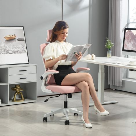 Fauteuil de bureau réglable inclinable avec appui-tête amovible, en maille respirante, 60x59x114-122 cm, rose (1/5)