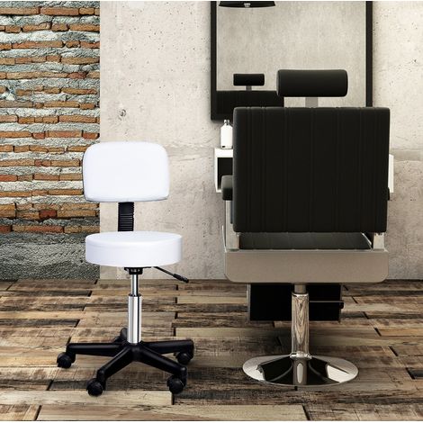 Tabouret roulant avec dossier, similicuir blanc, hauteur réglable 43-55 cm, 49 x 23 x 48 cm (1/5)
