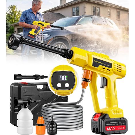 Nettoyeur Haute Pression sans Fil sur Batterie Rechargeable, 600PSI Nettoyeur Haute Pression avec Buse Réglable 6-en-1, Pistolet Hautes Pressions sans Fil à 3 Vitesses réglables - Jaune (1/5)