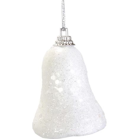 Set mit 6 weißen, schillernden Styroporglöckchen (7 cm) zum Aufhängen (1/2)