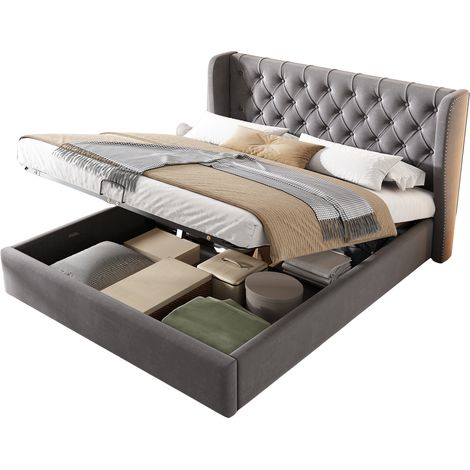 Letto Contenitore Letto Matrimoniale, Vano Idraulico, 140 x 200 cm, senza Materasso, Velluto Grigio (1/5)