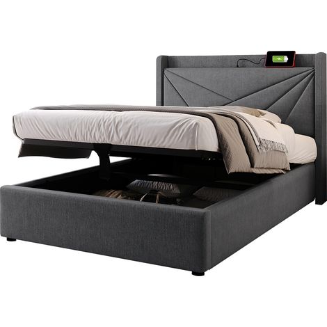 Lit capitonné en gris avec chargeur USB C Tête de lit et sommier à lattes (avec matelas) - 90x200 cm (1/5)